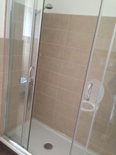 a shower with a glass door in a bathroom at Park Hotel Miramonti in Folgaria