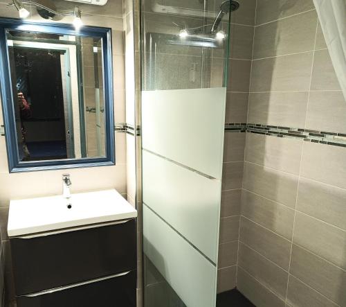 une salle de bain avec lavabo et douche dans l'établissement Logement plage, à Saint-Cyprien