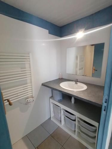 une salle de bain avec un lavabo et un miroir dans l'établissement Ancienne maison de pêcheur pour un séjour reposant, à LʼAiguillon-sur-Mer