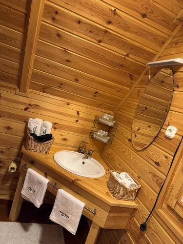 a bathroom with a sink in a wooden room at Villa Lena Nagymaros in Nagymaros