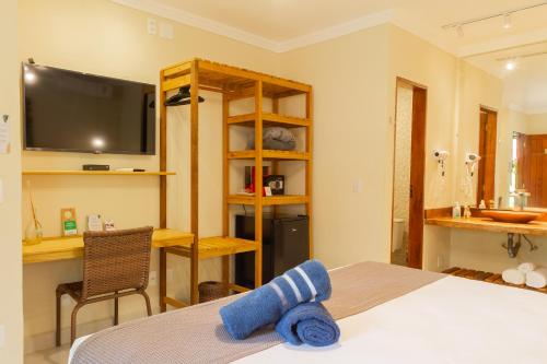 a bedroom with a bed and a desk and a television at Hotel Pousada Villa Zena - Frente ao Mar - Pé na areia in Arraial d'Ajuda