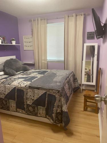 a bedroom with a bed and a mirror and purple walls at Welcoming homestay with relaxing private room in Oakville