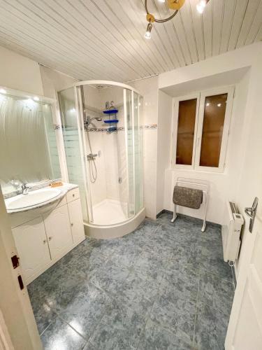 une salle de bain avec douche et lavabo dans l'établissement Meygal Color - WiFi - 3 étoiles - 20min du Puy, à Lantriac