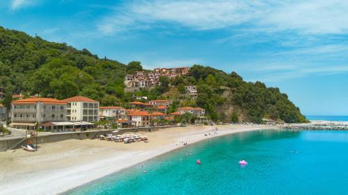 a beach with a group of people in the water at Kenta Beach Hotel in Agios Ioannis Pelio