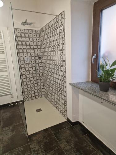 a shower with a glass door in a bathroom at Casa Gemma in Ivrea
