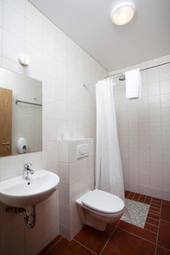 a white bathroom with a toilet and a sink at Álfheimar Hotel in Borgarfjordur Eystri