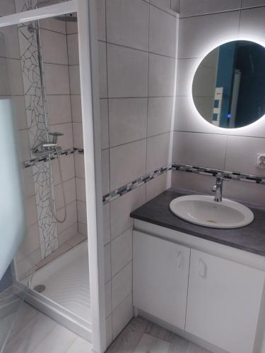 a bathroom with a sink and a shower with a mirror at L 'échappe-loups maison de 2 à 8 personnes et garage in Chapelle-Agnon