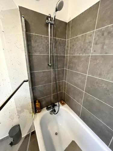 une salle de bain avec baignoire et douche dans l'établissement Nice flat in la Plaine St Denis, à Saint-Denis