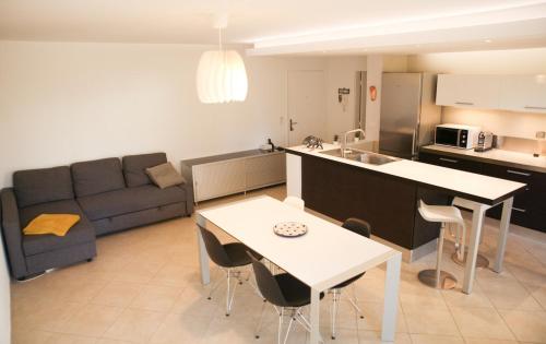 une cuisine et un salon avec un canapé et une table dans l'établissement T3 TERRASSE SUD Marseille 13009, PARC DES CALANQUES, à Marseille