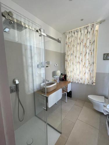une salle de bain avec une douche, un lavabo et des toilettes dans l'établissement Charming sea view villa with pool, à Hyères
