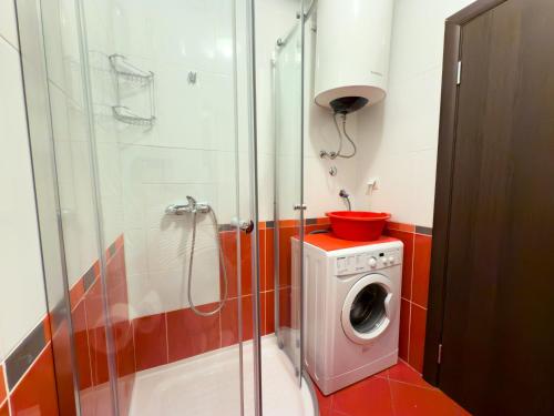 a washing machine in a bathroom with a shower at Cosy two-bedroom apartment in Becici by sea and mountains in Becici