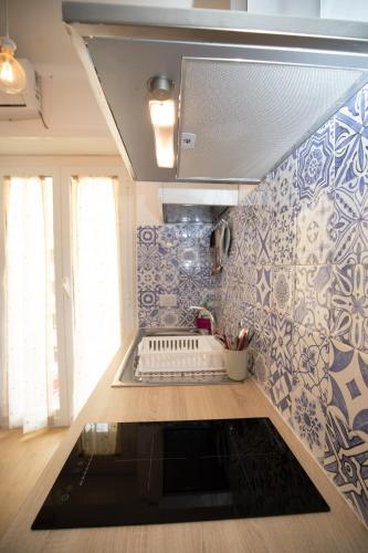 a kitchen with a sink and blue and white tiles at Domus Appio Latino - Parco Appia Antica in Rome