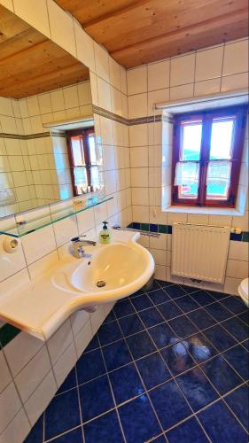 a bathroom with a sink and a mirror at SCHENE Kammer in Abtenau