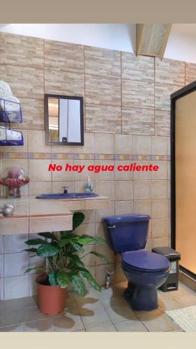 a bathroom with a blue toilet and a sink at Casa Victoria in Puntarenas