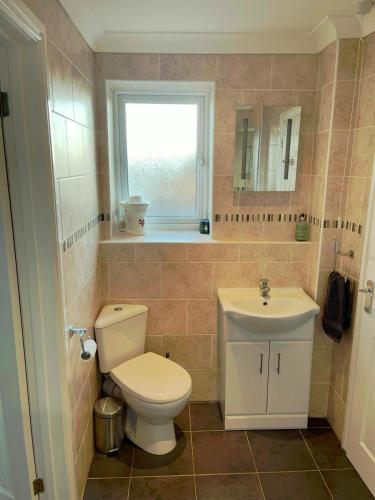 a bathroom with a toilet and a sink and a window at The Bolthole in Pinchbeck