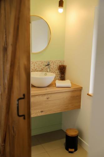 une salle de bain avec un lavabo et un miroir dans l'établissement Duplex vue sur les montagnes - Orbey, à Orbey