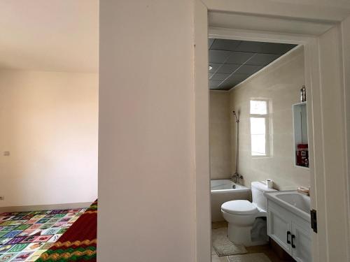 a bathroom with a white toilet and a sink at Apartamento Condomínio Vila Flor in Viana