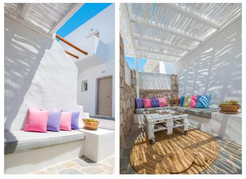 Habitación con banco y mesa con almohadas de colores. en Delmar Apartments & Suites Milos - Delmar Collection en Pollonia