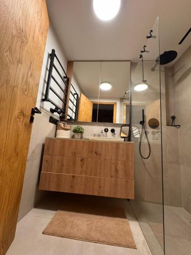 a bathroom with a shower and a sink and a mirror at Corso Harrachov Panorama in Harrachov