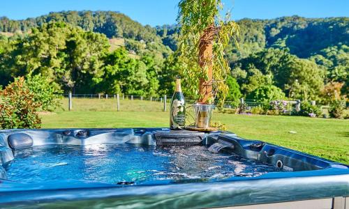 a hot tub with a bottle of wine in it at Luxury Farm Homestead & Animal Sanctuary, Hot Tub in The Pocket