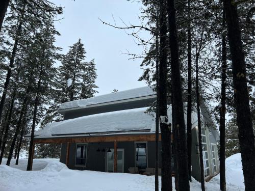 a house covered in snow in the woods at McCall Art House in McCall