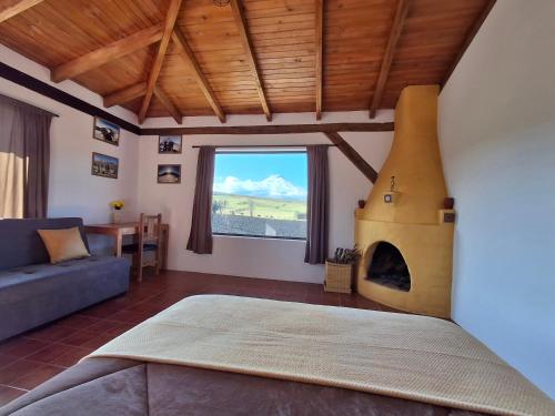 a living room with a couch and a fireplace at Cotopaxi Lodge in Hacienda Porvenir