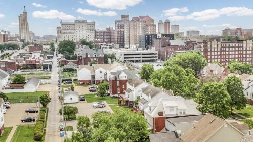 an aerial view of a city with buildings at Elegant Entire Home Near Fox & Universities at CWE! in Saint Louis