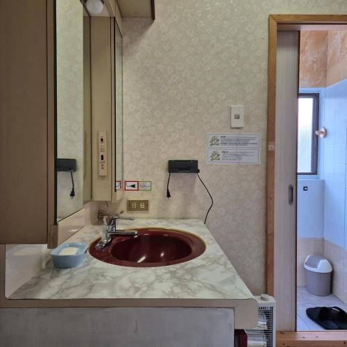 a bathroom with a sink and a mirror at 대마도쇼핑구마에하우스 in Tsushima