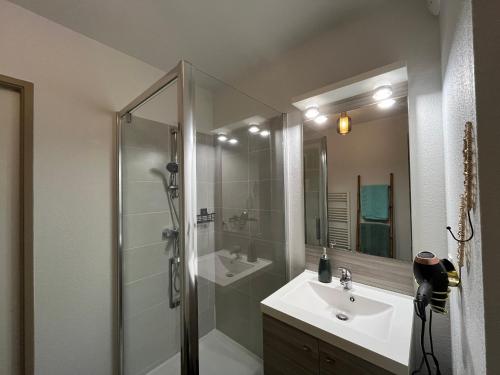 La salle de bains est pourvue d'un lavabo et d'une douche. dans l'établissement T3 Duplex La Teste, Terrasse, Parking Privé - FR-1-319-588, à La Teste-de-Buch