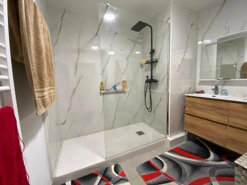 une salle de bain avec une douche avec une porte vitrée dans l'établissement Charmant 3 pièces à Sète avec climatisation et parking - FR-1-338-601, à Sète