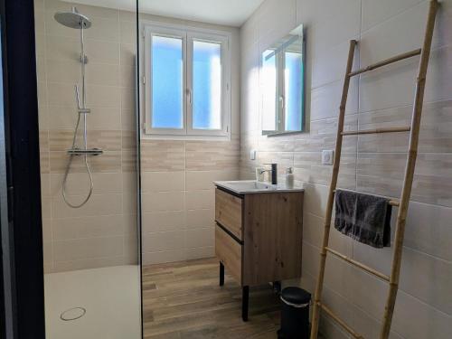 ein Bad mit einer Dusche, einem Waschbecken und einer Duschkabine aus Glas in der Unterkunft Gîte spacieux pour 10 pers. avec grand jardin à Tence - FR-1-582-528 in Tence