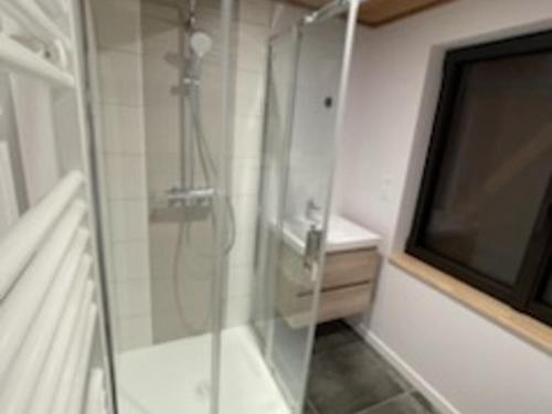 una doccia in vetro in un bagno con lavandino di Chalet rénové pour 12 pers. à Super Besse - FR-1-814-89 a Besse-et-Saint-Anastaise