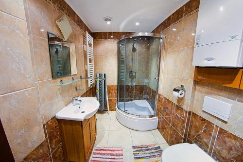a bathroom with a toilet and a sink and a shower at Apartment Sweet Home Sanok in Sanok