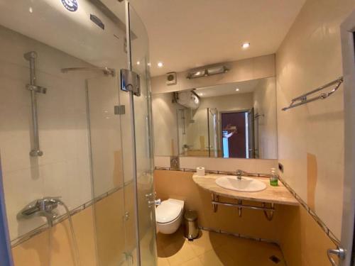 a bathroom with a sink and a toilet and a shower at Sozopol Sunrise in Sozopol