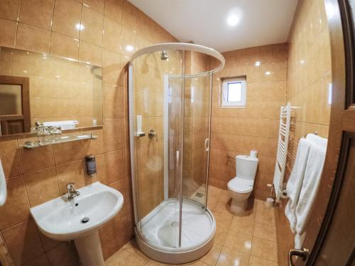 La salle de bains est pourvue d'une douche, d'un lavabo et de toilettes. dans l'établissement Hotel Hermes, à Alba Iulia