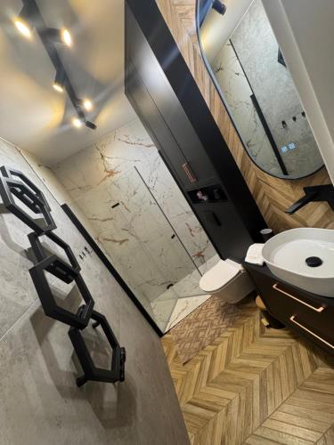 a bathroom with a sink and a mirror and a toilet at Apartament Zamojskie Echo in Zamość