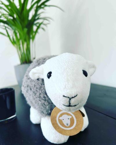 a stuffed lamb sitting on a table next to a plant at The Studio at Pinethwaite in Kendal