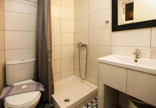 a bathroom with a toilet and a sink and a shower at Hotel Mironi and Victoria in Limenas