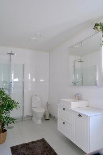 a white bathroom with a sink and a toilet at House near Umeå for rent in Umeå