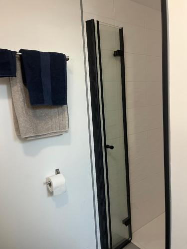 a bathroom with a shower and a roll of toilet paper at Le Terrier in Mussidan