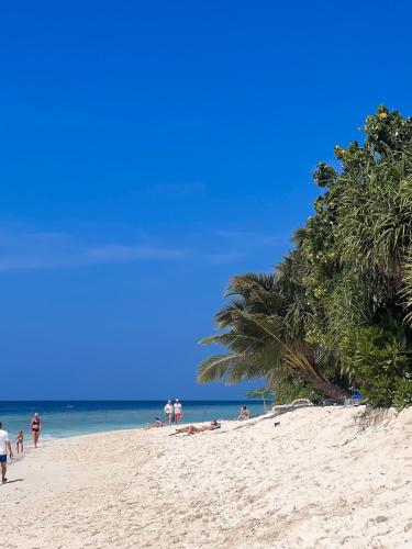 people on a beach with palm trees and the ocean at La Liviera in Ukulhas
