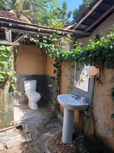 an outdoor bathroom with a toilet and a sink at Cool House Cabana in Kamburugamuwa