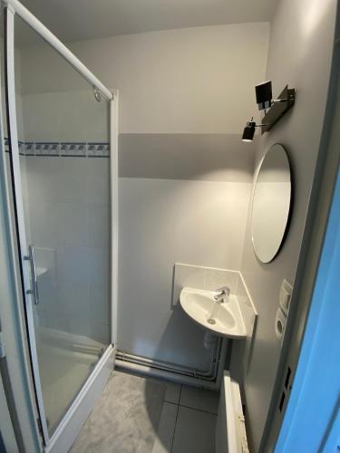 une salle de bain avec une douche, un lavabo et un miroir dans l'établissement Maison de 100m2 avec jardin aux portes de Caen, à Hubert-Folie
