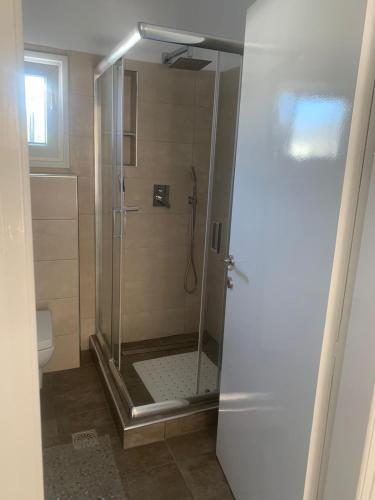 a shower with a glass door in a bathroom at Gemütliche drei Zimmer Erdgeschosswohnung mit Wohnküche und Balkon in Néa Karváli