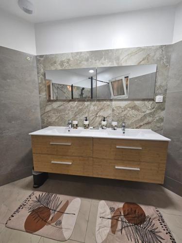 un baño con lavabo y espejo en Home Ocean 360°, en Saint-Leu