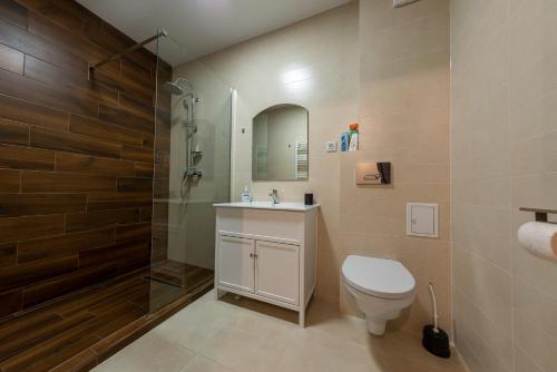 a bathroom with a toilet and a shower and a sink at ByaResidence in Valea Lupului