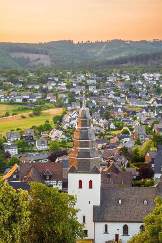 a view of a town with a white church at Wollfühloase Eversberg in Meschede