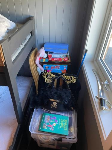 a small room with a shelf with books and a bunk bed at Hytte med sjøutsikt in Bamble