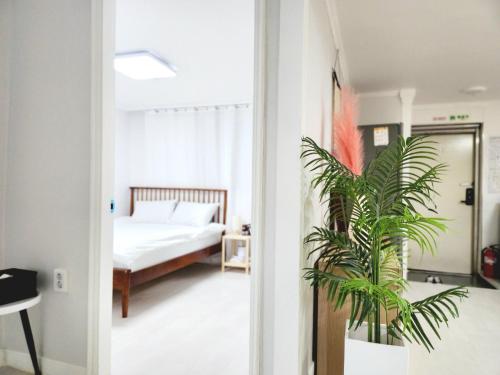 a bedroom with a bed and a potted plant at Bongbong stay in Seoul