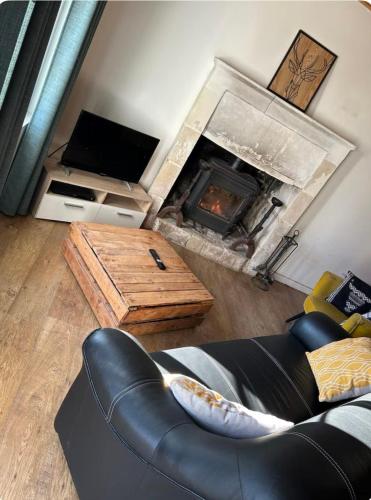 un salon avec un canapé et une cheminée dans l'établissement Chalet Nature & chiens de traîneaux, à Échiré